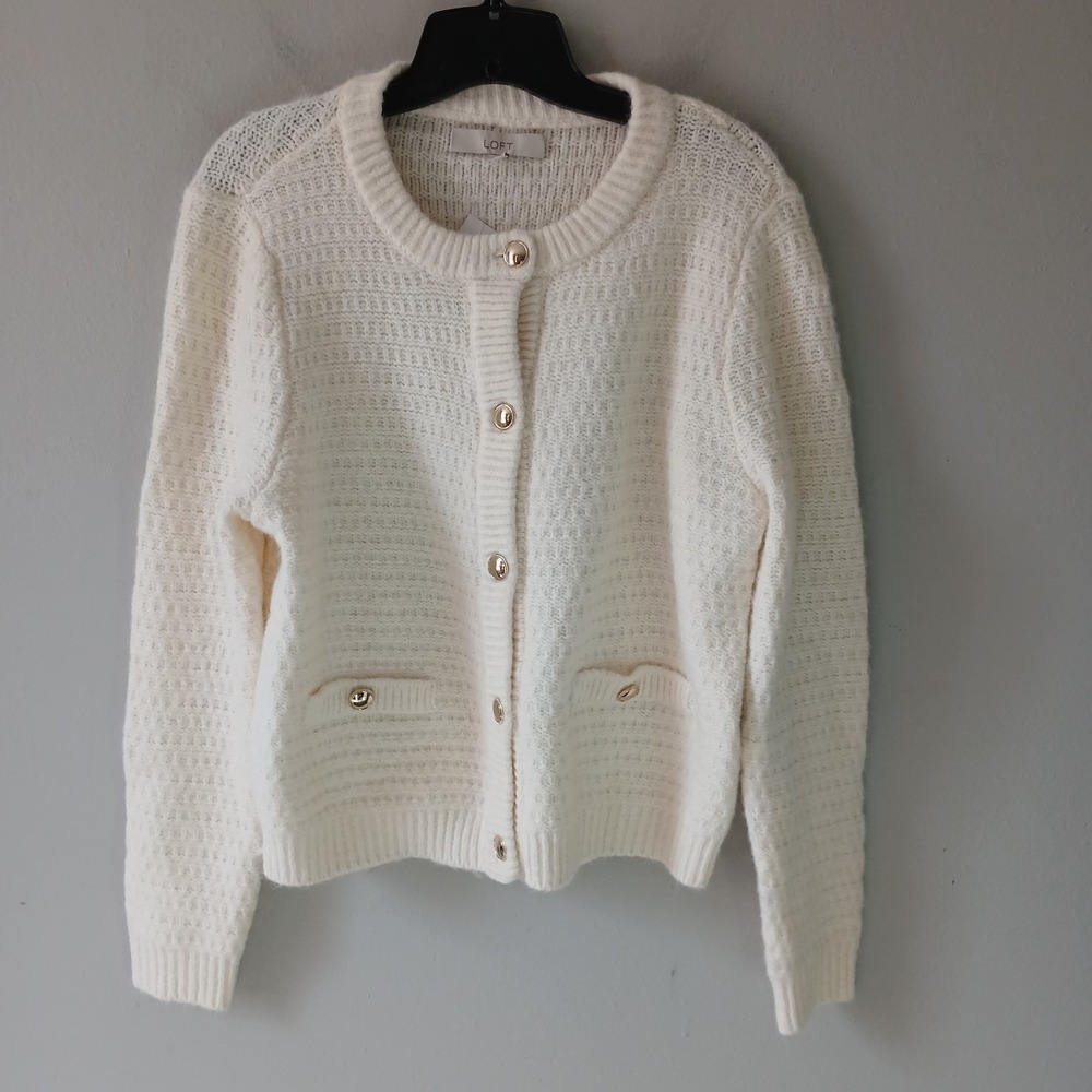 Loft Women's Size Large Chunky Knit Sweater Cream Long Sleeve Button Front NWT!